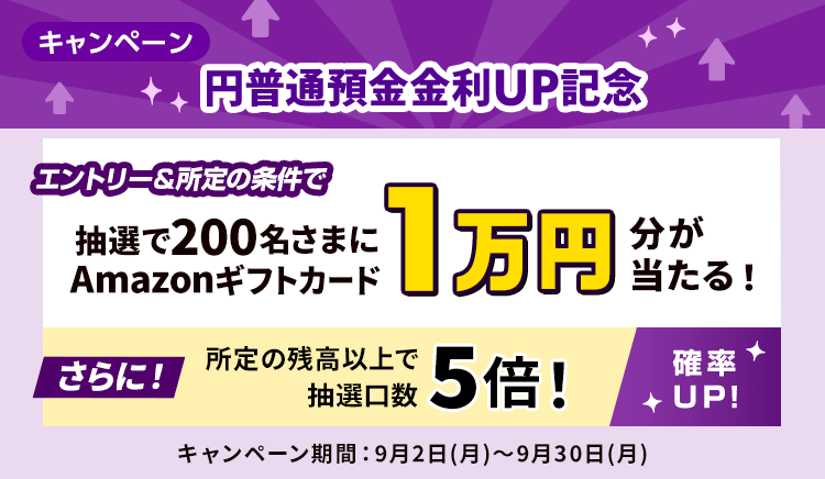 円普通預金 金利UP記念！抽選で200名さまにAmazonギフトカード10,000円分プレゼントキャンぺーン | SBI新生銀行