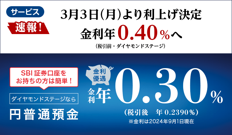 ここ1年で3回目！3月3日に利上げしました！SBI証券口座お持ちの方は簡単！ダイヤモンドステージなら円普通預金金利優遇。