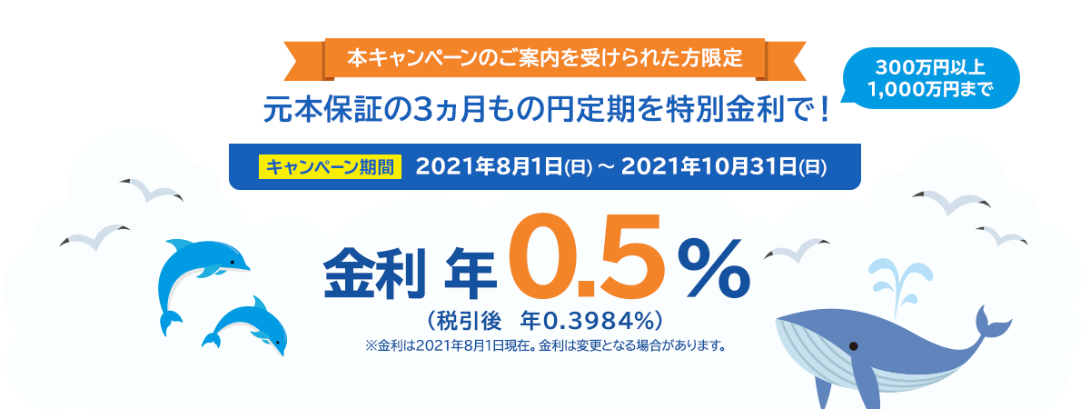 本キャンペーンのご案内を受けられた方限定 元本保証の3ヵ月もの円定期を特別金利で!